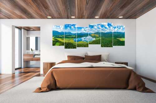 Blick über den Barmsee ins Wettersteingebirge - Lieblingssee II - 6er Split, Größe ca. 280x112cm, Seitenverhältnis 2,5:1 - Luftaufnahme Barmsee mit Wetterstein - weitere Infos unter https://www.kriner-weiermann.de