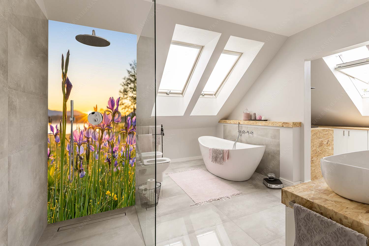 Schwertlilien im Sonnenaufgang - Lila - Größe ca. 110x220cm, Seitenverhältnis 1:2 - Schwertlilien - weitere Infos unter https://www.kriner-weiermann.de