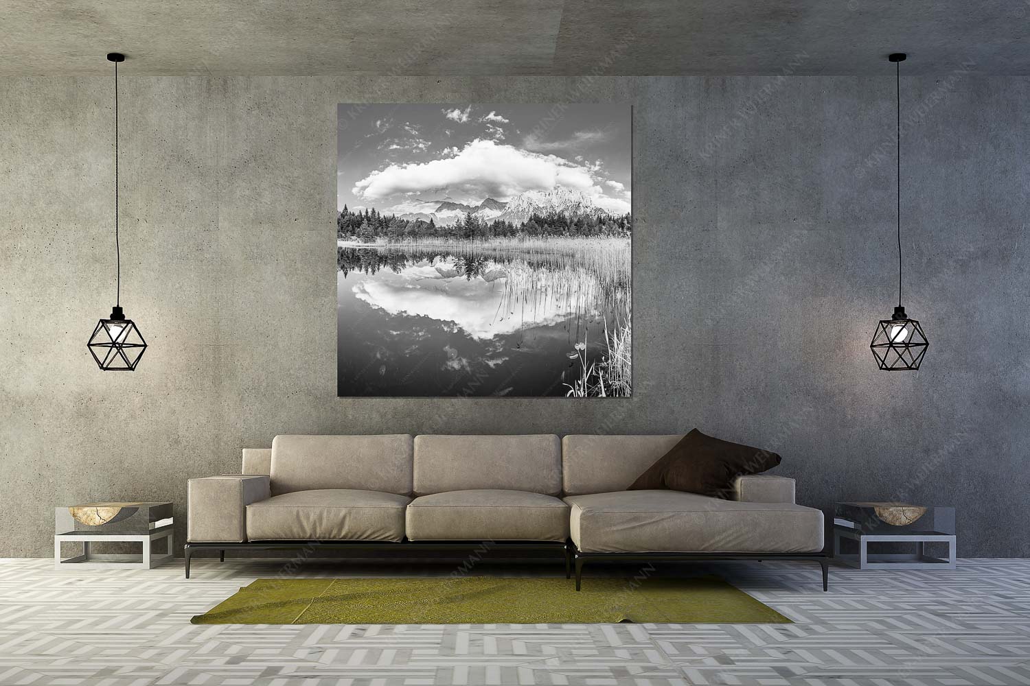 Blick über Luttensee zum Karwendelgebirge - Luttensee Karwendel II - Größe ca. 160x160cm, Seitenverhältnis 1:1 - Spiegelung im See - weitere Infos unter https://www.kriner-weiermann.de