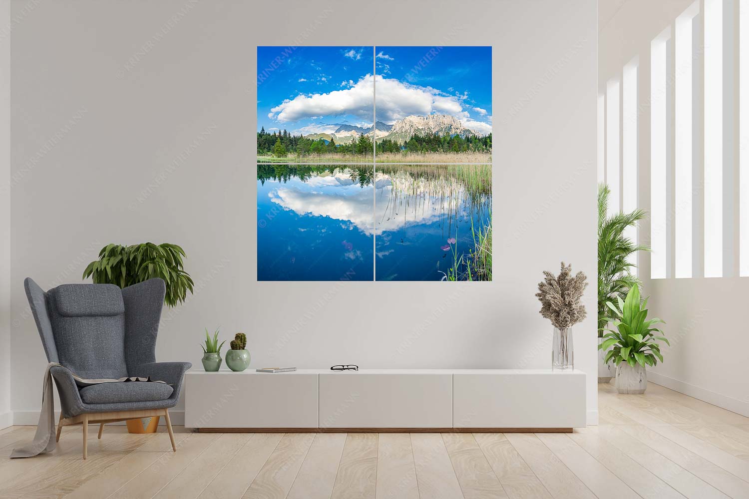 Blick über Luttensee zum Karwendelgebirge - Luttensee Karwendel II - 4er Split, Größe ca. 180x180cm, Seitenverhältnis 1:1 - Spiegelung im See - weitere Infos unter https://www.kriner-weiermann.de
