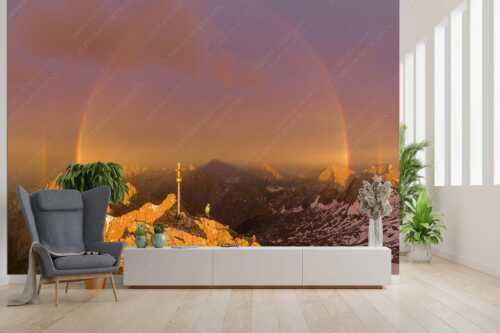 Kletterer am Zugspitzgipfel. Blick über Gipfel und Jubiläumsgrat zur Alpspitze - Magisch - Größe ca. 300x200cm, Seitenverhältnis 3:2 - Klettern Zugspitze Regenbogen - weitere Infos unter https://www.kriner-weiermann.de