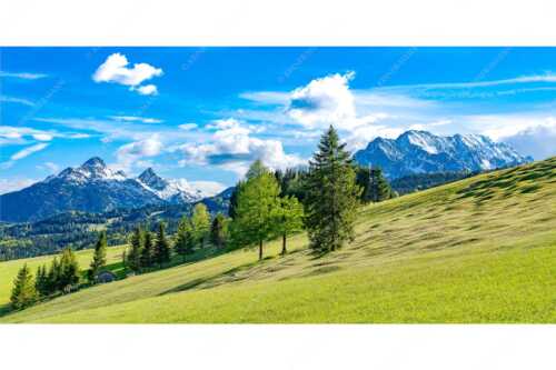 Blick über Buckelwiesen zu den Arnspitzen und Wettersteingebirge - Malerisch - Seitenverhältnis 2:1 - Buckelwiese Arnspitze und Wetterstein - weitere Infos unter https://www.kriner-weiermann.de