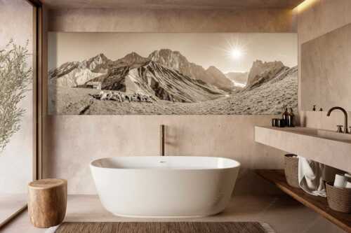 Bergschafe am Scharnitzjoch mit Oberreintalschrofen, Scharnitzspitze und Schüsselkar im Wettersteingebirge - Malerische Sommerweide II - Größe ca. 300x100cm, Seitenverhältnis 3:1 - Schafe mit Schüsselkar und Scharnitzspitze - weitere Infos unter https://www.kriner-weiermann.de