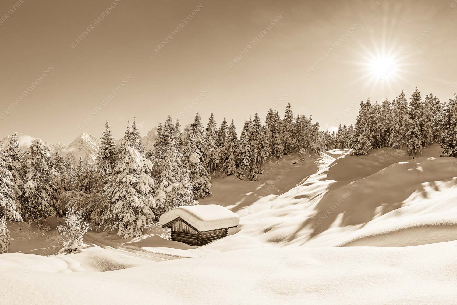 Wiesmahdstadel bei Mittenwald mit Tiefkarspitze im Karwendel im Hintergrund