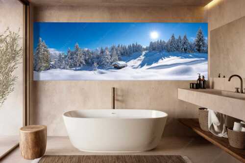 Wiesmahdstadel bei Mittenwald mit Tiefkarspitze im Karwendel im Hintergrund - Massig Schnee - Größe ca. 300x100cm, Seitenverhältnis 3:1 - Stadel mit viel Schnee und Karwendel - weitere Infos unter https://www.kriner-weiermann.de