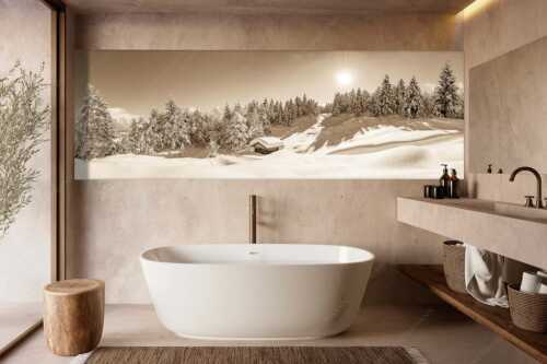 Wiesmahdstadel bei Mittenwald mit Tiefkarspitze im Karwendel im Hintergrund - Massig Schnee - Größe ca. 300x100cm, Seitenverhältnis 3:1 - Stadel mit viel Schnee und Karwendel - weitere Infos unter https://www.kriner-weiermann.de