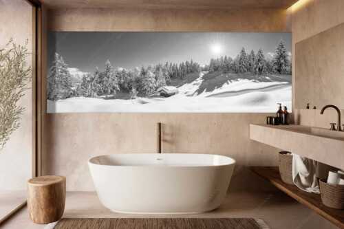 Wiesmahdstadel bei Mittenwald mit Tiefkarspitze im Karwendel im Hintergrund - Massig Schnee - Größe ca. 300x100cm, Seitenverhältnis 3:1 - Stadel mit viel Schnee und Karwendel - weitere Infos unter https://www.kriner-weiermann.de