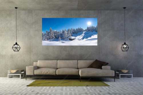 Wiesmahdstadel bei Mittenwald mit Tiefkarspitze im Karwendel im Hintergrund - Massig Schnee - Größe ca. 200x100cm, Seitenverhältnis 2:1 - Stadel mit viel Schnee und Karwendel - weitere Infos unter https://www.kriner-weiermann.de
