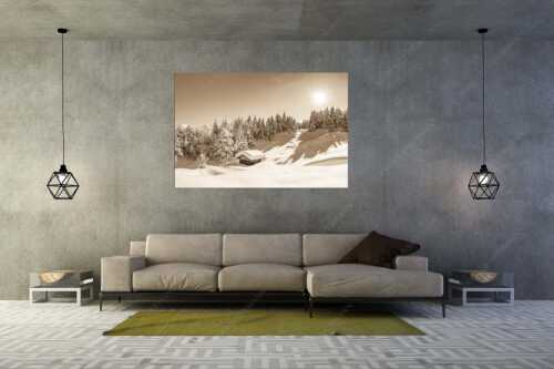 Wiesmahdstadel bei Mittenwald mit Tiefkarspitze im Karwendel im Hintergrund - Massig Schnee - Größe ca. 180x120cm, Seitenverhältnis 3:2 - Stadel mit viel Schnee und Karwendel - weitere Infos unter https://www.kriner-weiermann.de