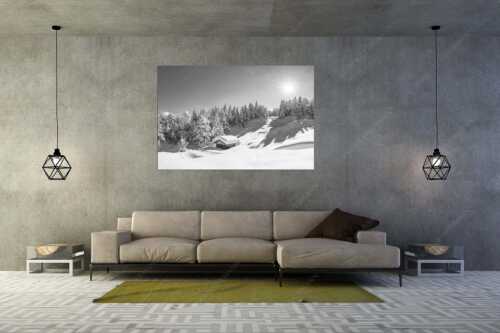 Wiesmahdstadel bei Mittenwald mit Tiefkarspitze im Karwendel im Hintergrund - Massig Schnee - Größe ca. 180x120cm, Seitenverhältnis 3:2 - Stadel mit viel Schnee und Karwendel - weitere Infos unter https://www.kriner-weiermann.de
