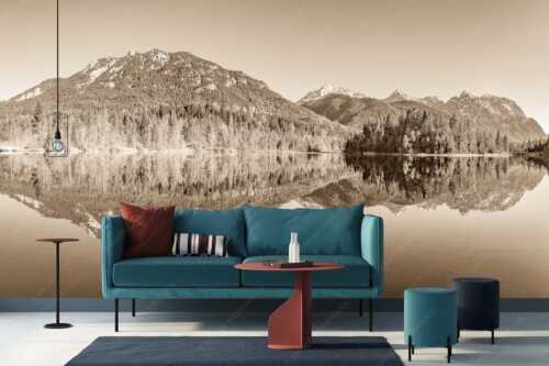 Blick über Isarstausee ins Karwendelgebirge - Milder Februar - Größe ca. 400x200cm, Seitenverhältnis 2:1 - Isarstausee Soierngebirge und Karwendel - weitere Infos unter https://www.kriner-weiermann.de