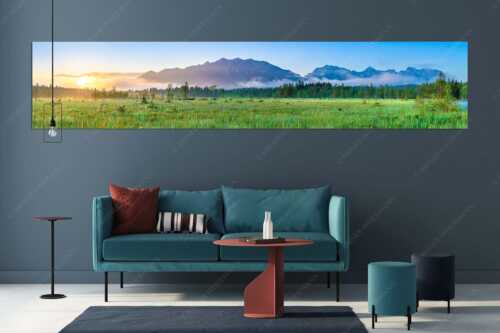 Sonnenaufgang mit Soiern- und Karwendelgebirge - Morgenfrische - Größe ca. 350x70cm, Seitenverhältnis 5:1 - Soierngebirge und Karwendel - weitere Infos unter https://www.kriner-weiermann.de