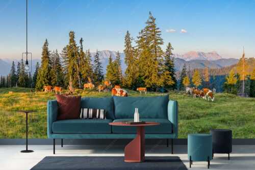 Jungtiere auf der Krüneralm im Estergebirge mit Blick zum Wettersteingebirge - Morgens auf der Krüneralm V - Größe ca. 400x200cm, Seitenverhältnis 2:1 - Kälber auf Krüneralm - weitere Infos unter https://www.kriner-weiermann.de