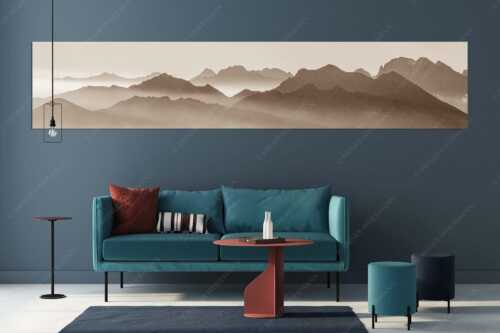 Klar und deutlich trennen sich die Bergketten von Soiern- und Karwendelgebirge - Morgenschnitt - Größe ca. 350x70cm, Seitenverhältnis 5:1 - Silhouetten im Karwendel - weitere Infos unter https://www.kriner-weiermann.de