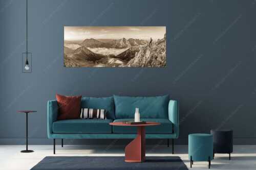 Blick übers Gaistal zu den Mieminger Bergen - Morgenstund - Größe ca. 175x70cm, Seitenverhältnis 2,5:1 - Bergwanderung Wetterstein und Mieminger - weitere Infos unter https://www.kriner-weiermann.de