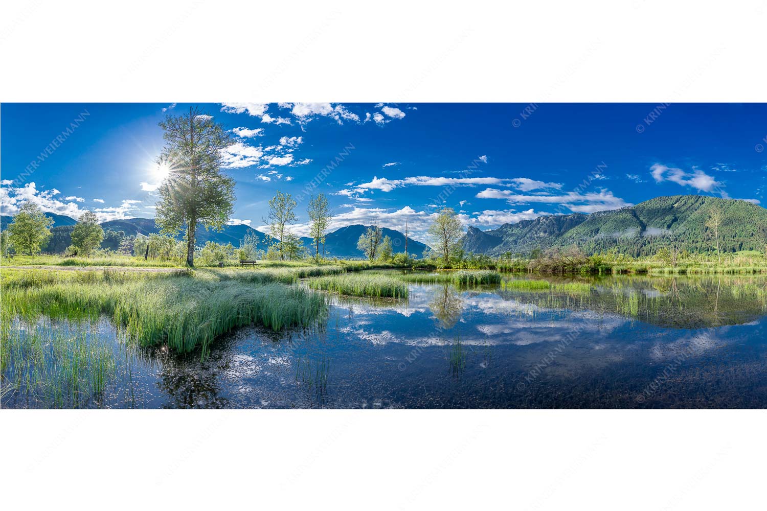 Morgentau – Seitenverhältnis 2,5:1 — Morgenstimmung im Ammertal Kleiner Weiher bei Unterammergau mit Blick auf Kofel und Oberammergau