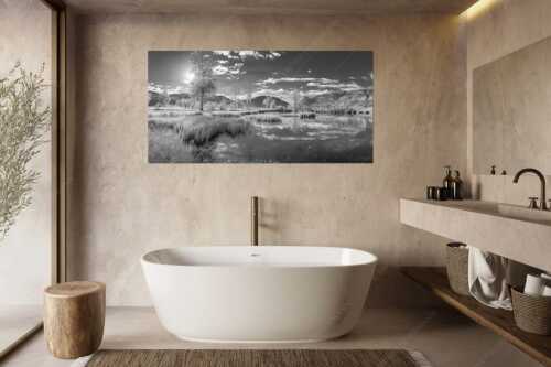 Kleiner Weiher bei Unterammergau mit Blick auf Kofel und Oberammergau - Morgentau - Größe ca. 180x90cm, Seitenverhältnis 2:1 - Morgenstimmung im Ammertal - weitere Infos unter https://www.kriner-weiermann.de