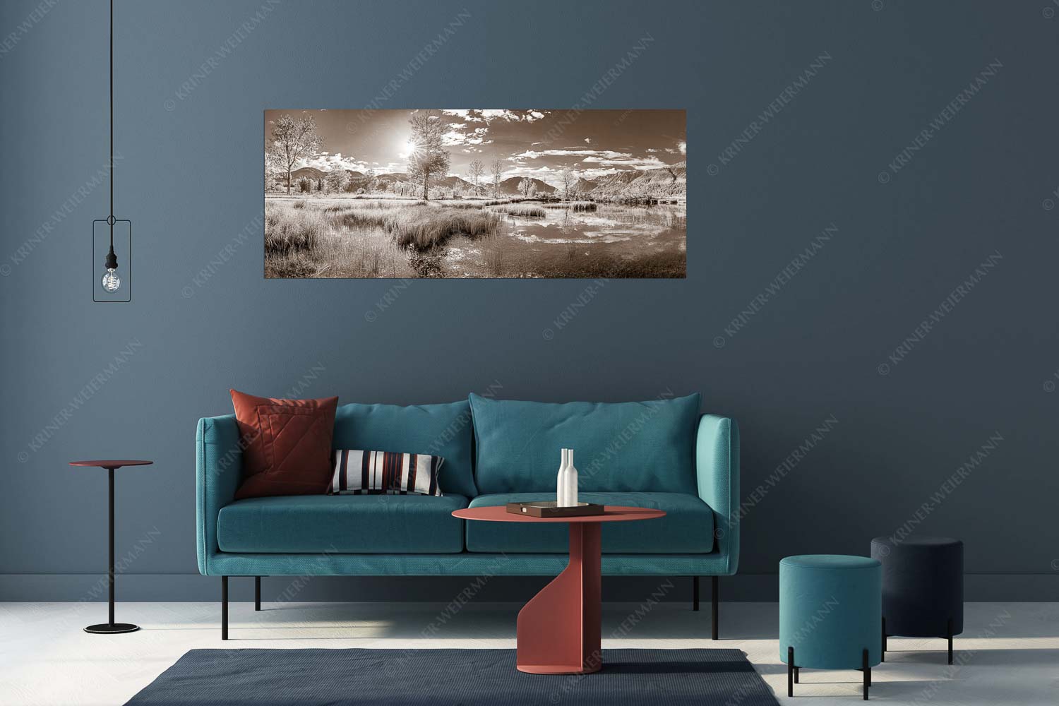 Kleiner Weiher bei Unterammergau mit Blick auf Kofel und Oberammergau - Morgentau - Größe ca. 175x70cm, Seitenverhältnis 2,5:1 - Morgenstimmung im Ammertal - weitere Infos unter https://www.kriner-weiermann.de