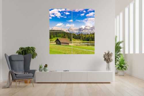 Blick über den Geroldsee zum Wörner, Tiefkar- und Westlicher Karwendelspitze - Nachlesen - 4er Split, Größe ca. 180x180cm, Seitenverhältnis 1:1 - Geroldsee mit Wörner und Tiefkarspitze - weitere Infos unter https://www.kriner-weiermann.de