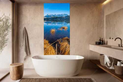 Schneefrei am Barmsee mit Karwendelgebirge - Niederglegt - Größe ca. 100x200cm, Seitenverhältnis 1:2 - Barmsee mit Karwendel - weitere Infos unter https://www.kriner-weiermann.de