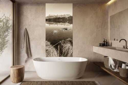 Schneefrei am Barmsee mit Karwendelgebirge - Niederglegt - Größe ca. 100x200cm, Seitenverhältnis 1:2 - Barmsee mit Karwendel - weitere Infos unter https://www.kriner-weiermann.de