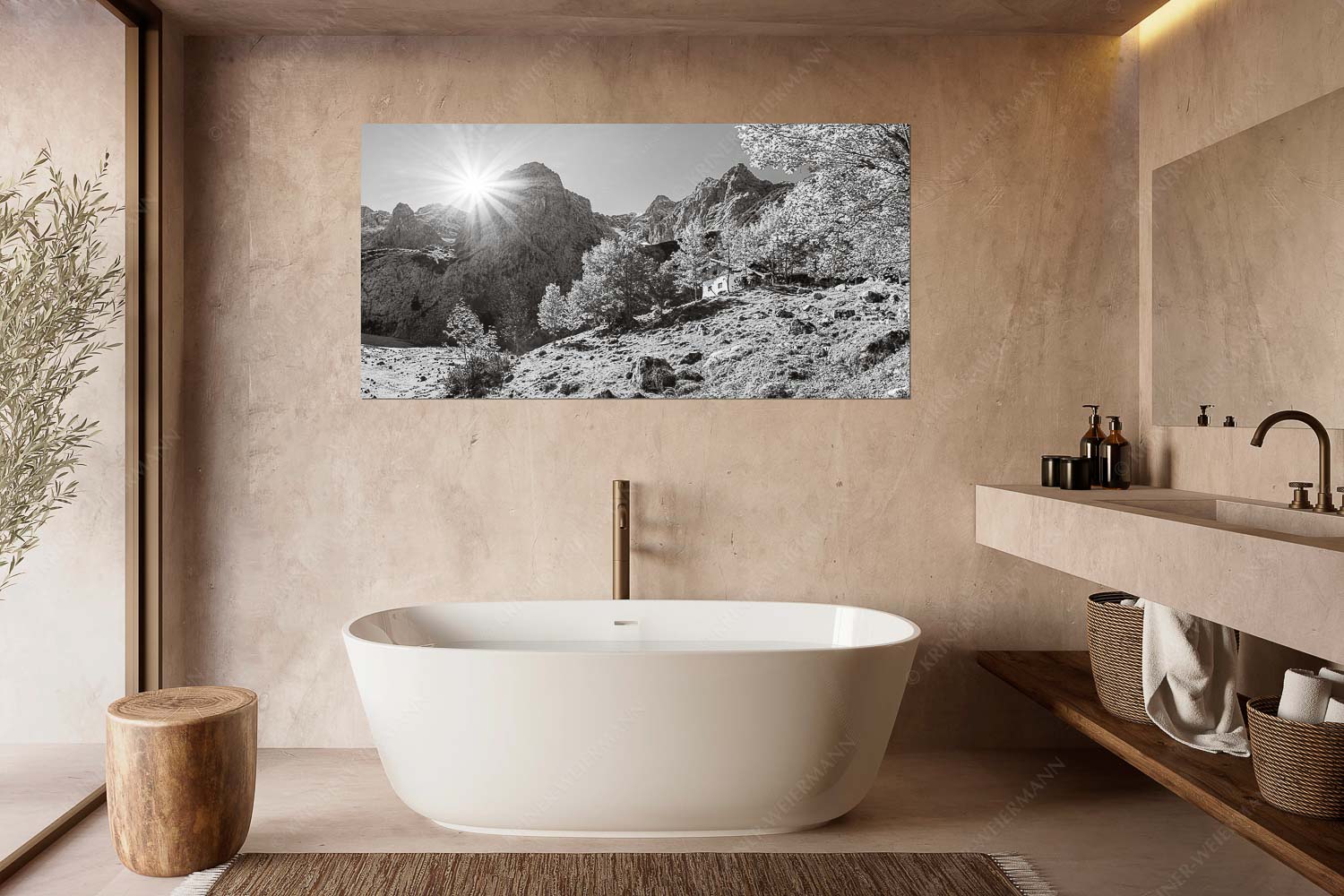 Herbstfärbung an der Oberreintalhütte mit Sonnenuntergang am Oberreintalturm im Wetterstein - Oberreintal - Größe ca. 180x90cm, Seitenverhältnis 2:1 - Herbst an der Oberreintalhütte - weitere Infos unter https://www.kriner-weiermann.de