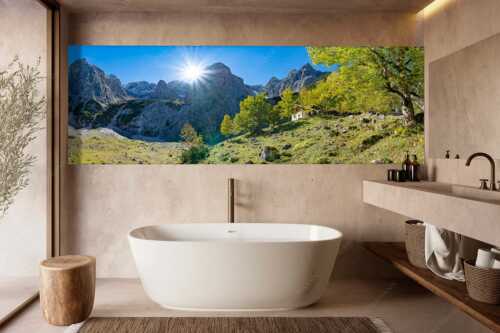Herbstfärbung an der Oberreintalhütte mit Sonnenuntergang am Oberreintalturm im Wetterstein - Oberreintal - Größe ca. 300x100cm, Seitenverhältnis 3:1 - Herbst an der Oberreintalhütte - weitere Infos unter https://www.kriner-weiermann.de