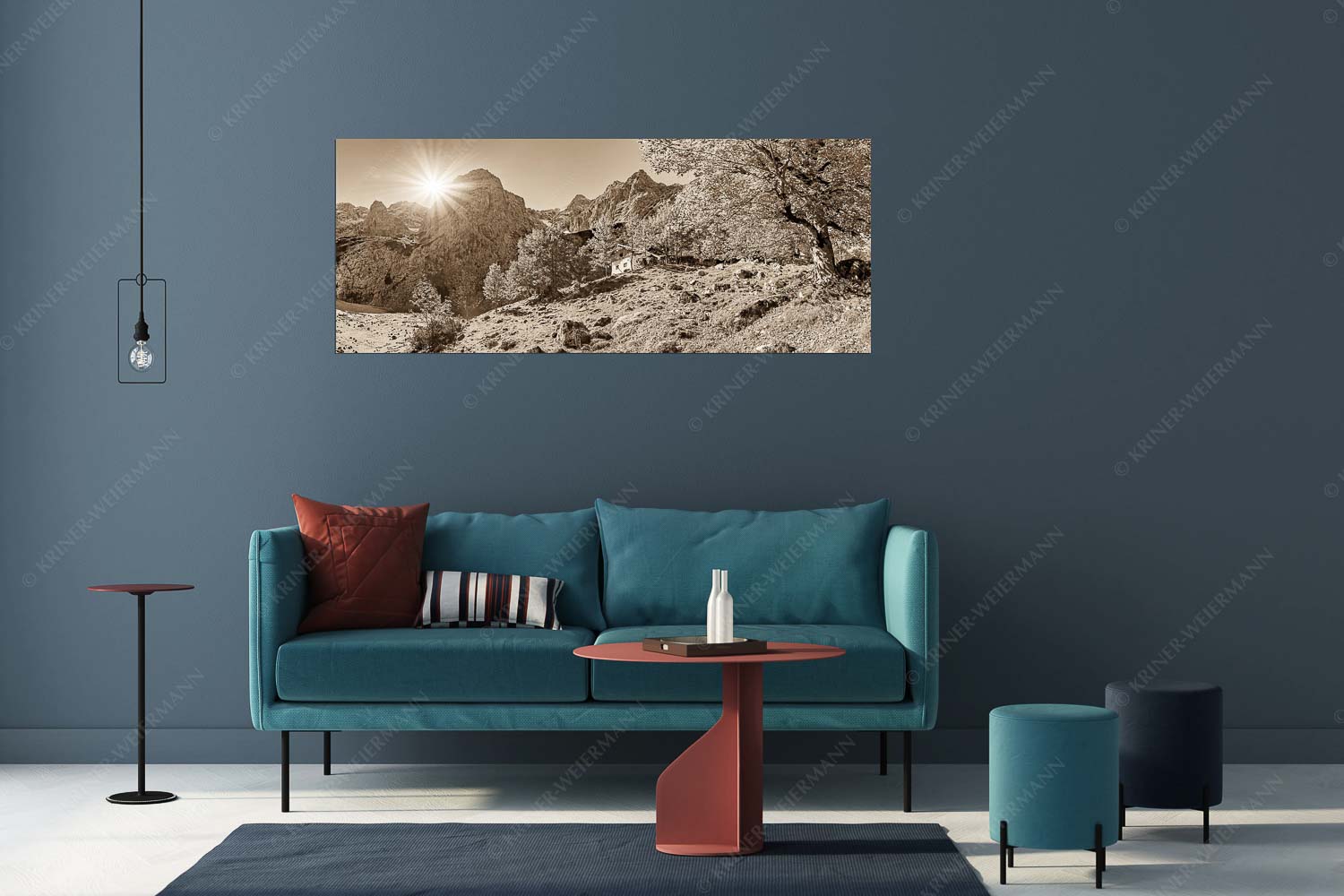 Herbstfärbung an der Oberreintalhütte mit Sonnenuntergang am Oberreintalturm im Wetterstein - Oberreintal - Größe ca. 175x70cm, Seitenverhältnis 2,5:1 - Herbst an der Oberreintalhütte - weitere Infos unter https://www.kriner-weiermann.de