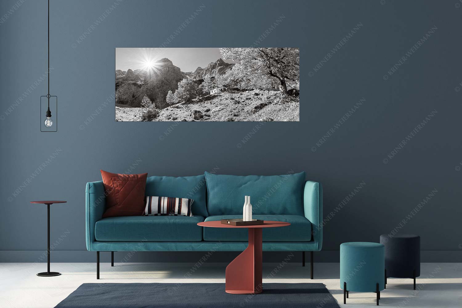 Herbstfärbung an der Oberreintalhütte mit Sonnenuntergang am Oberreintalturm im Wetterstein - Oberreintal - Größe ca. 175x70cm, Seitenverhältnis 2,5:1 - Herbst an der Oberreintalhütte - weitere Infos unter https://www.kriner-weiermann.de