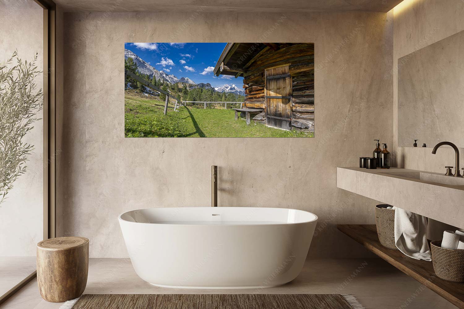 Oimhütterl – Größe ca. 180x90cm, Seitenverhältnis 2:1 — Almhütte im Wettersteingebirge Kleine Almhütte auf der Wetterstein-Nordseite mit Blick auf das Alpsitzmassiv - Oimhütterl - Größe ca. 180x90cm, Seitenverhältnis 2:1 - Almhütte im Wettersteingebirge - weitere Infos unter https://www.kriner-weiermann.de