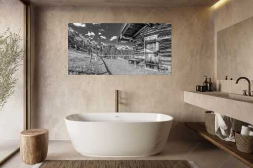 Kleine Almhütte auf der Wetterstein-Nordseite mit Blick auf das Alpsitzmassiv - Oimhütterl - Größe ca. 180x90cm, Seitenverhältnis 2:1 - Almhütte im Wettersteingebirge - weitere Infos unter https://www.kriner-weiermann.de