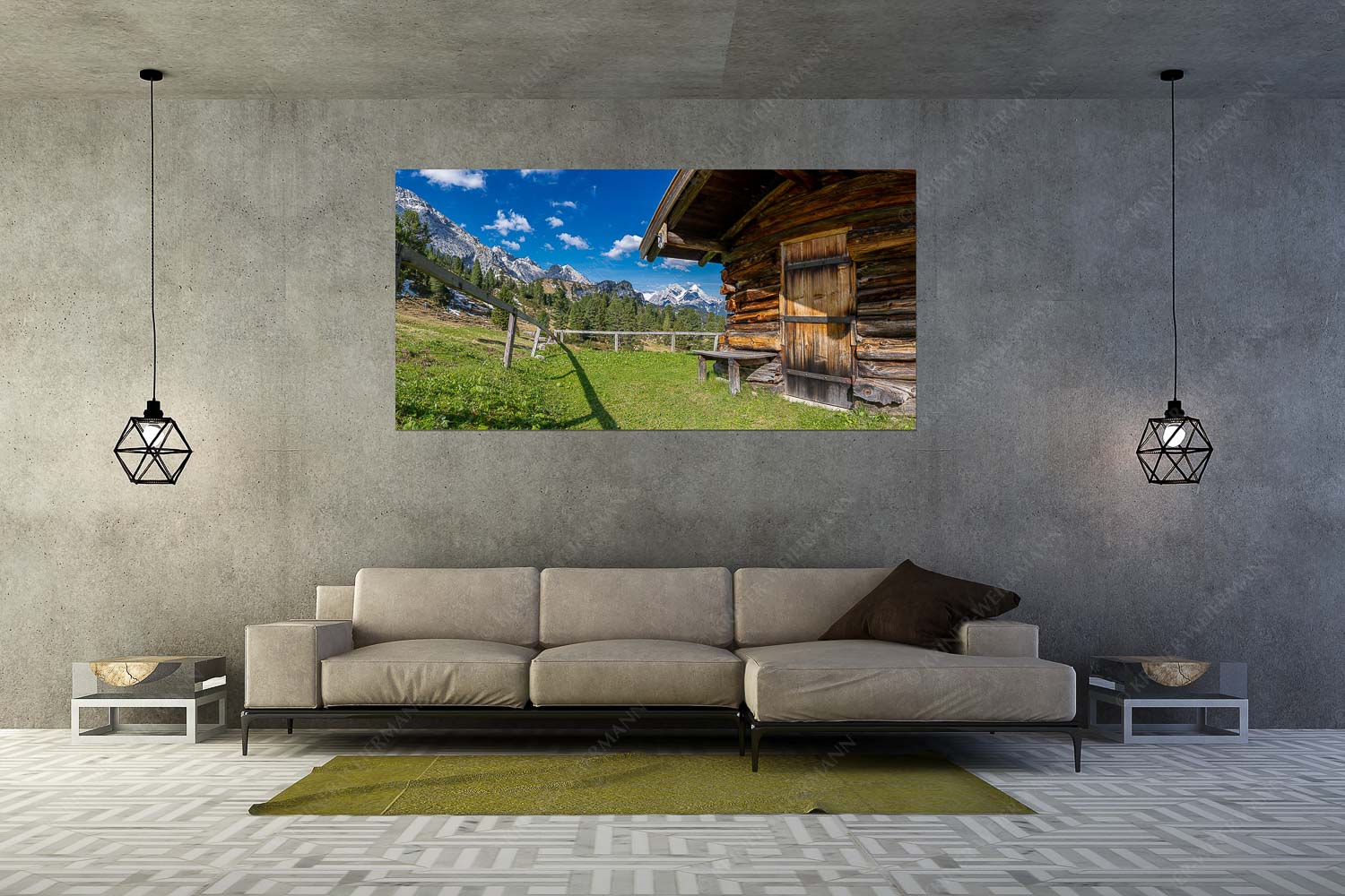 Oimhütterl – Größe ca. 200x100cm, Seitenverhältnis 2:1 — Almhütte im Wettersteingebirge Kleine Almhütte auf der Wetterstein-Nordseite mit Blick auf das Alpsitzmassiv - Oimhütterl - Größe ca. 200x100cm, Seitenverhältnis 2:1 - Almhütte im Wettersteingebirge - weitere Infos unter https://www.kriner-weiermann.de