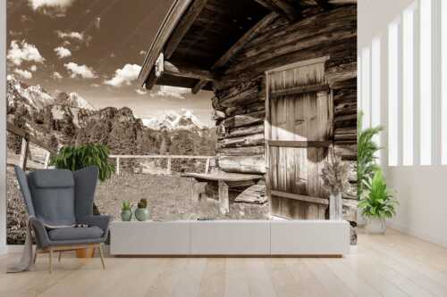 Kleine Almhütte auf der Wetterstein-Nordseite mit Blick auf das Alpsitzmassiv - Oimhütterl - Größe ca. 300x200cm, Seitenverhältnis 3:2 - Almhütte im Wettersteingebirge - weitere Infos unter https://www.kriner-weiermann.de