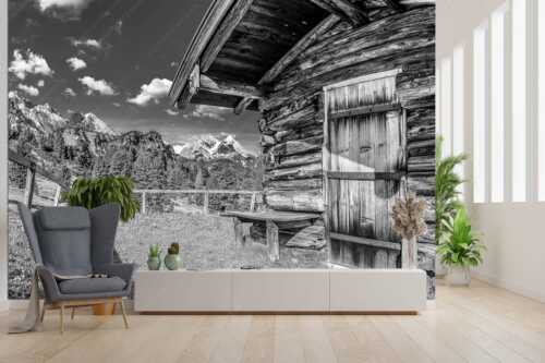 Kleine Almhütte auf der Wetterstein-Nordseite mit Blick auf das Alpsitzmassiv - Oimhütterl - Größe ca. 300x200cm, Seitenverhältnis 3:2 - Almhütte im Wettersteingebirge - weitere Infos unter https://www.kriner-weiermann.de