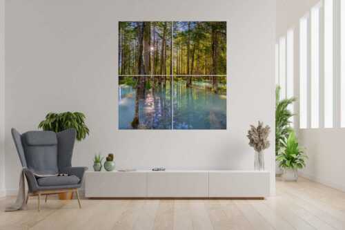 Überschwemmte Waldflächen an der Partnach im Reintal im Wettersteingebirge - Partnachmangroven - 4er Split, Größe ca. 180x180cm, Seitenverhältnis 1:1 - Wald Überschwemmung - weitere Infos unter https://www.kriner-weiermann.de