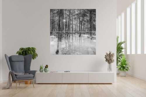 Überschwemmte Waldflächen an der Partnach im Reintal im Wettersteingebirge - Partnachmangroven - 4er Split, Größe ca. 180x180cm, Seitenverhältnis 1:1 - Wald Überschwemmung - weitere Infos unter https://www.kriner-weiermann.de