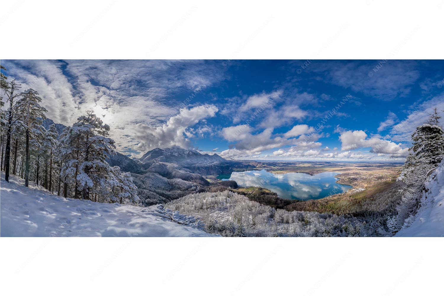 Perlmutt – Seitenverhältnis 2,5:1 — Winterstimmung über Kochelsee Es hat nocheinmal geschneit in den Bergen rund um den Kochelsee