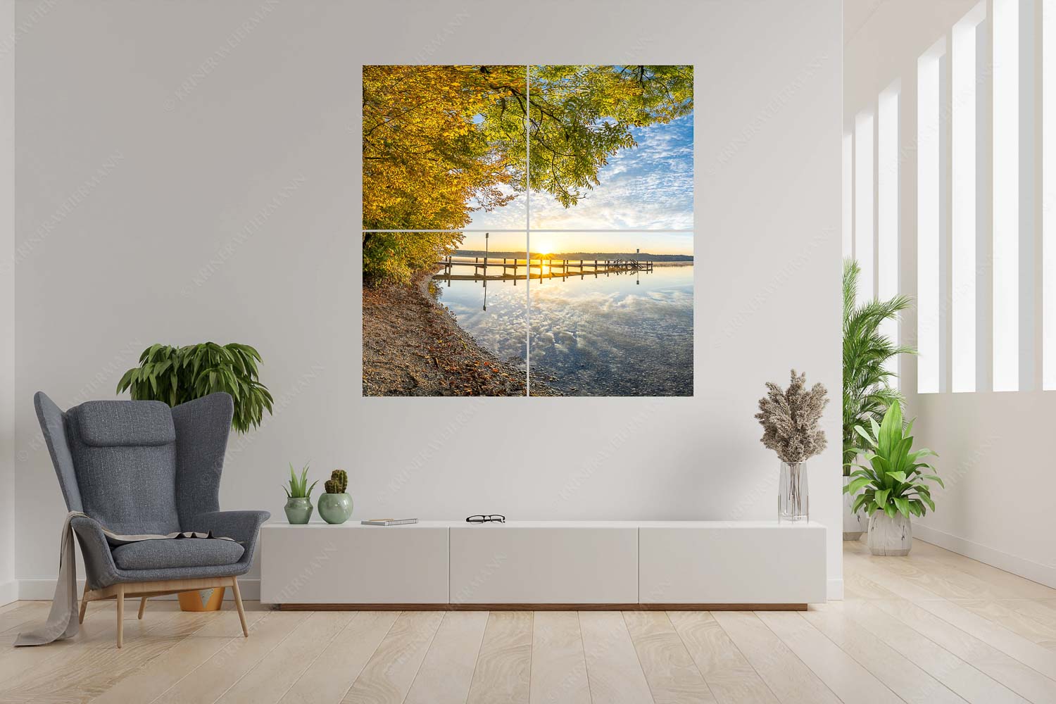 Blick über Starnbergersee in den Sonnenaufgang - Pontile - 4er Split, Größe ca. 180x180cm, Seitenverhältnis 1: - Steg am Starnbergersee - weitere Infos unter https://www.kriner-weiermann.de