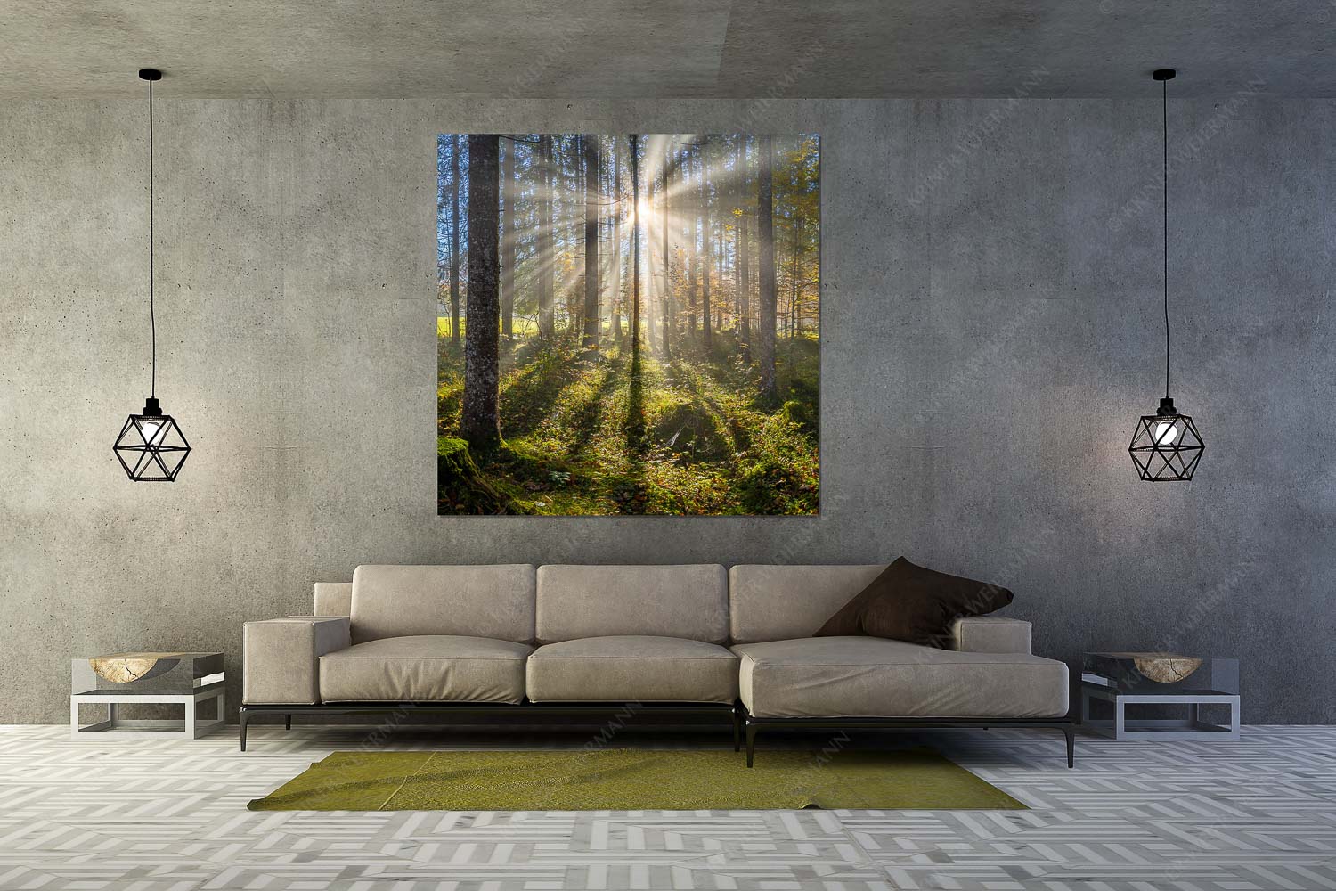 Prisma – Größe ca. 160x160cm, Seitenverhältnis 1:1 — Streiflicht im Wald Herbstlicher Wald bei Fall - Prisma - Größe ca. 160x160cm, Seitenverhältnis 1:1 - Streiflicht im Wald - weitere Infos unter https://www.kriner-weiermann.de