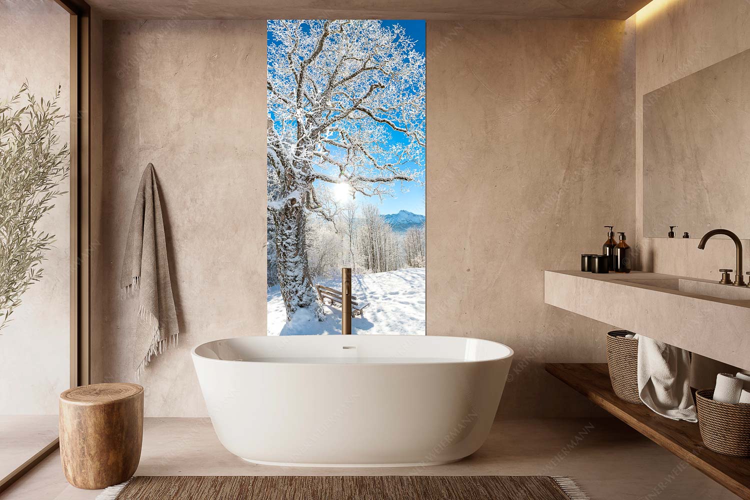 Rast – Größe ca. 100x200cm, Seitenverhältnis 1:2 — Rastbank mit Baum im Winter am Eckbauer Aussichtsbank am Eckbauer mit Blick zur Dreitorspitze im Wettersteingebirge - Rast - Größe ca. 100x200cm, Seitenverhältnis 1:2 - Rastbank mit Baum im Winter am Eckbauer - weitere Infos unter https://www.kriner-weiermann.de