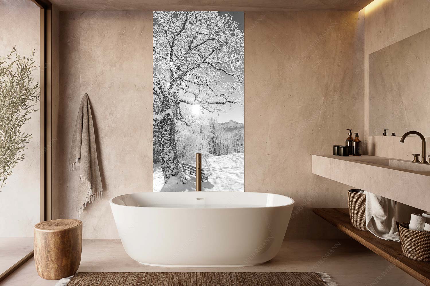 Rast – Größe ca. 100x200cm, Seitenverhältnis 1:2 — Rastbank mit Baum im Winter am Eckbauer Aussichtsbank am Eckbauer mit Blick zur Dreitorspitze im Wettersteingebirge - Rast - Größe ca. 100x200cm, Seitenverhältnis 1:2 - Rastbank mit Baum im Winter am Eckbauer - weitere Infos unter https://www.kriner-weiermann.de