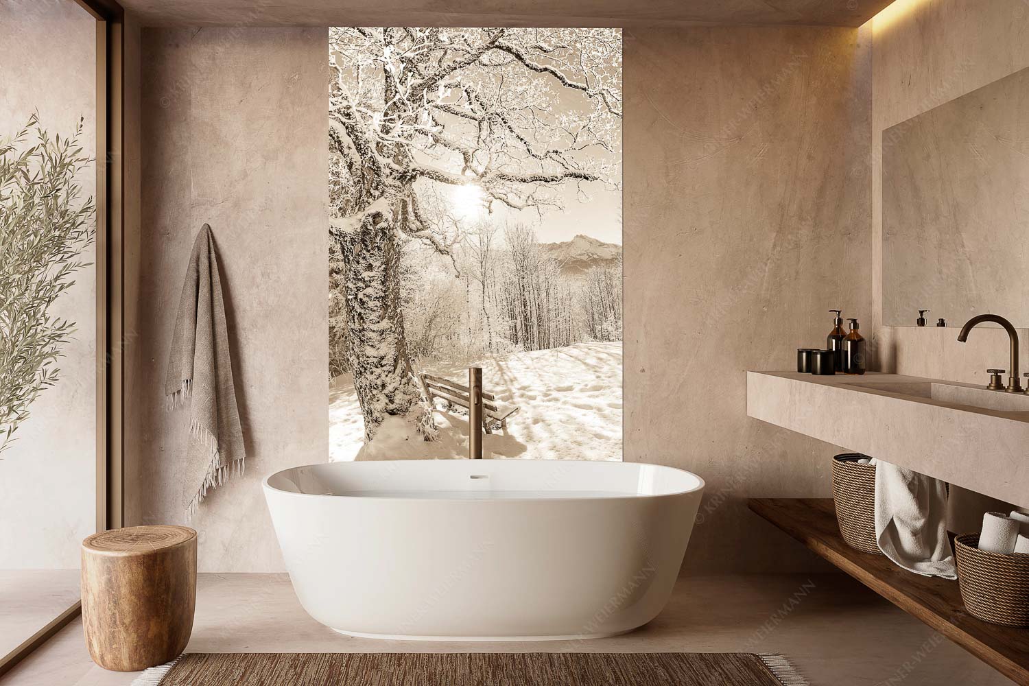 Rast – Größe ca. 160x240cm, Seitenverhältnis 2:3 — Rastbank mit Baum im Winter am Eckbauer Aussichtsbank am Eckbauer mit Blick zur Dreitorspitze im Wettersteingebirge - Rast - Größe ca. 160x240cm, Seitenverhältnis 2:3 - Rastbank mit Baum im Winter am Eckbauer - weitere Infos unter https://www.kriner-weiermann.de