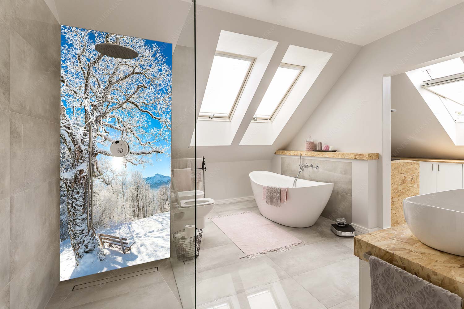 Rast – Größe ca. 110x220cm, Seitenverhältnis 1:2 — Rastbank mit Baum im Winter am Eckbauer Aussichtsbank am Eckbauer mit Blick zur Dreitorspitze im Wettersteingebirge - Rast - Größe ca. 110x220cm, Seitenverhältnis 1:2 - Rastbank mit Baum im Winter am Eckbauer - weitere Infos unter https://www.kriner-weiermann.de