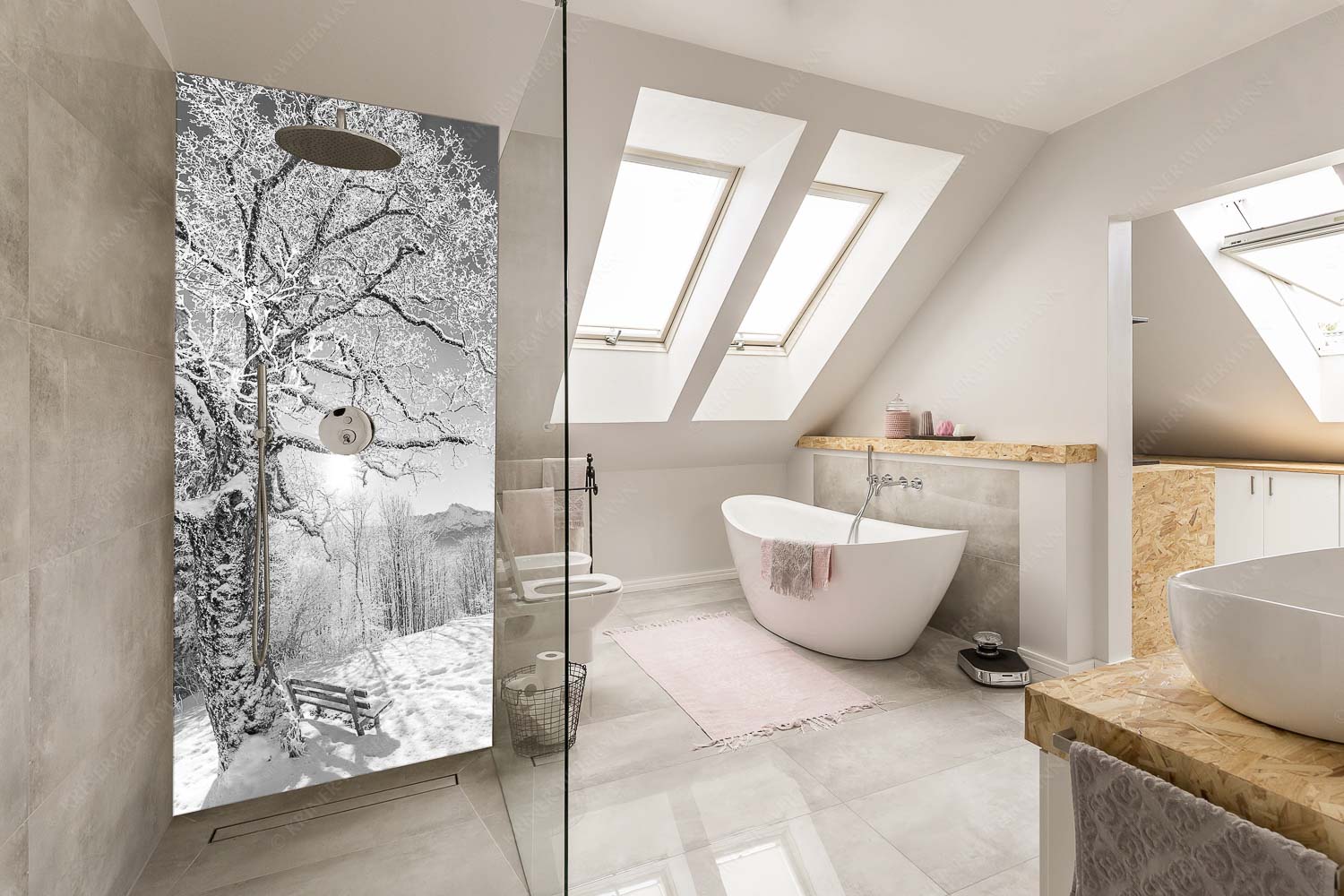 Rast – Größe ca. 110x220cm, Seitenverhältnis 1:2 — Rastbank mit Baum im Winter am Eckbauer Aussichtsbank am Eckbauer mit Blick zur Dreitorspitze im Wettersteingebirge - Rast - Größe ca. 110x220cm, Seitenverhältnis 1:2 - Rastbank mit Baum im Winter am Eckbauer - weitere Infos unter https://www.kriner-weiermann.de