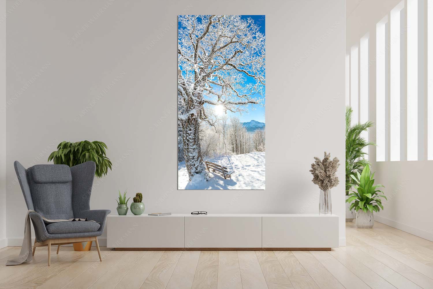 Aussichtsbank am Eckbauer mit Blick zur Dreitorspitze im Wettersteingebirge - Rast - Größe ca. 90x180cm, Seitenverhältnis 1:2 - Rastbank mit Baum im Winter am Eckbauer - weitere Infos unter https://www.kriner-weiermann.de