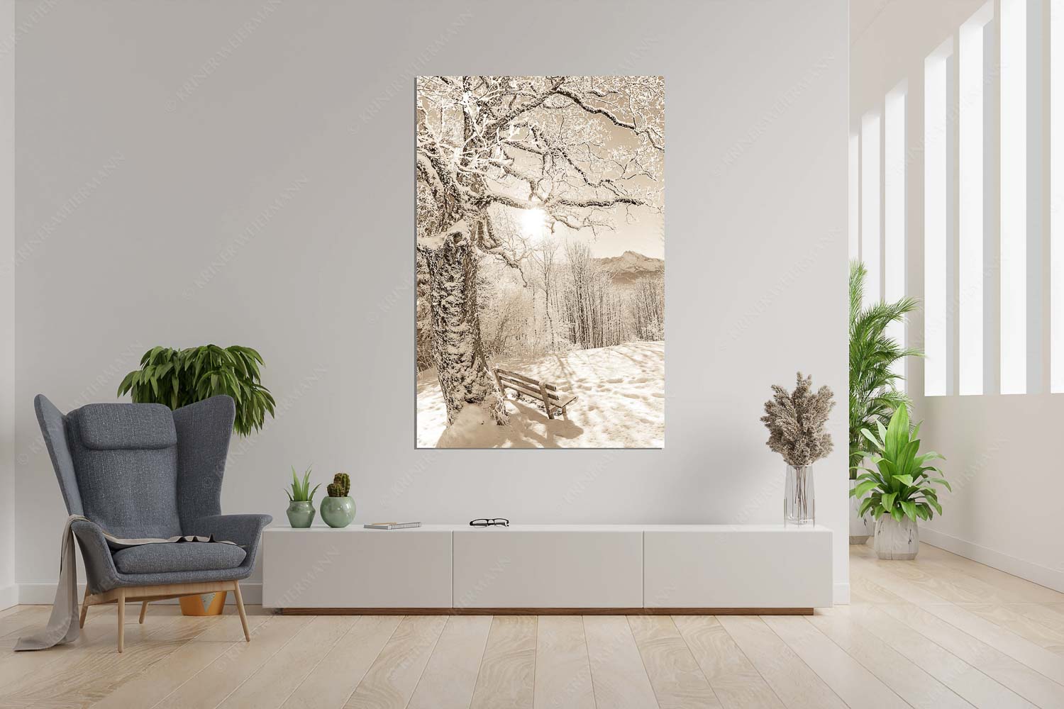 Rast – Größe ca. 120x180cm, Seitenverhältnis 2:3 — Rastbank mit Baum im Winter am Eckbauer Aussichtsbank am Eckbauer mit Blick zur Dreitorspitze im Wettersteingebirge - Rast - Größe ca. 120x180cm, Seitenverhältnis 2:3 - Rastbank mit Baum im Winter am Eckbauer - weitere Infos unter https://www.kriner-weiermann.de