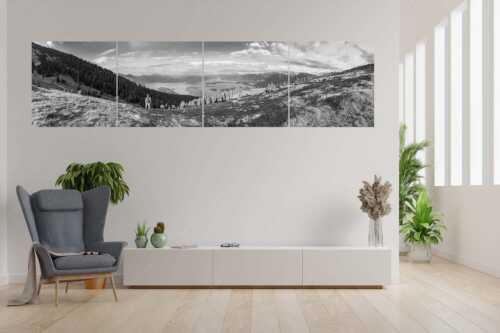 Blick über den Walchensee in die Bayrischen Voralpen - Rauskommen - 4er Split, Größe ca. 280x70cm, Seitenverhältnis 4:1 - Berwanderung am Simetsberg mit Walchensee - weitere Infos unter https://www.kriner-weiermann.de