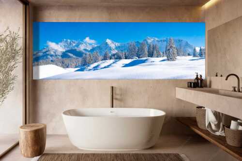 Einsamer Wiesmahdstadel mit viel Schnee und Wörner, Tiefkar und Westlicher Karwendelspitze im Hintergrund - Richtig Winter - Größe ca. 300x100cm, Seitenverhältnis 3:1 - Winterlandschaft Karwendel - weitere Infos unter https://www.kriner-weiermann.de