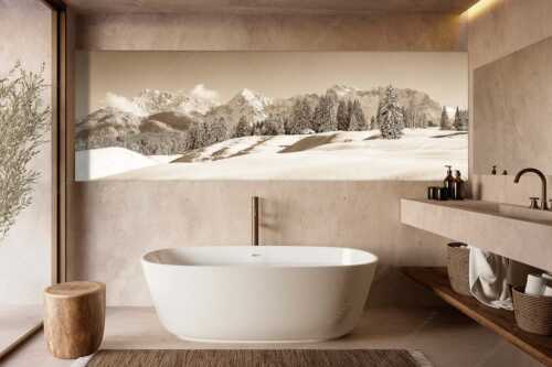 Einsamer Wiesmahdstadel mit viel Schnee und Wörner, Tiefkar und Westlicher Karwendelspitze im Hintergrund - Richtig Winter - Größe ca. 300x100cm, Seitenverhältnis 3:1 - Winterlandschaft Karwendel - weitere Infos unter https://www.kriner-weiermann.de