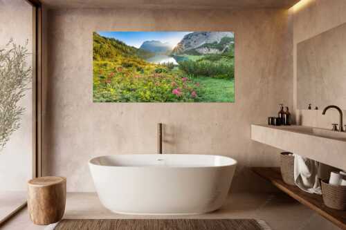 Almrosenblüte am Seebensee mit Blick zum Sonnenaufgang am Wettersteingebirge - Rosengarten - Wandbild - Größe ca. 180x90cm, Seitenverhältnis 2:1 - Almrosen am Seebensee - weitere Infos unter https://www.kriner-weiermann.de